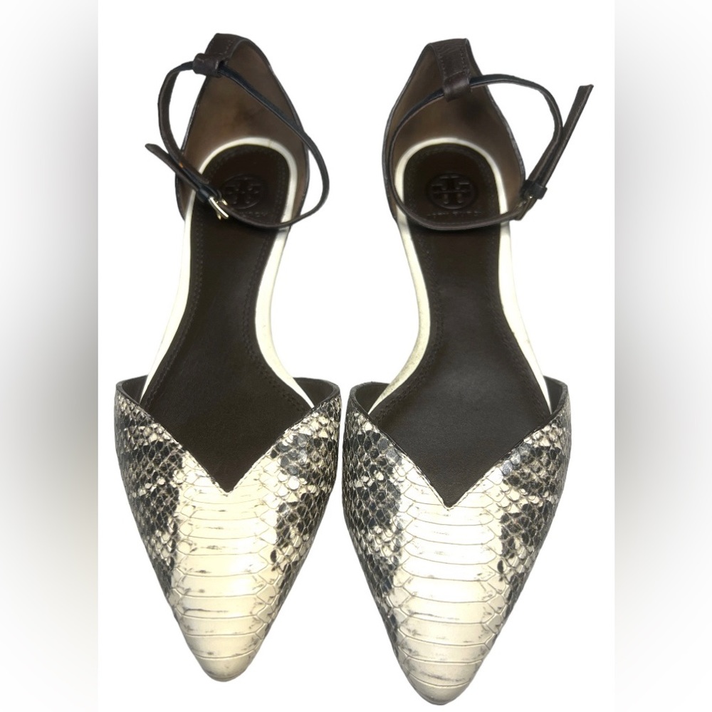 TORY BURCH | Snakeskin Embossed Leather Ankle Strap Flats - Picture 2 of 5